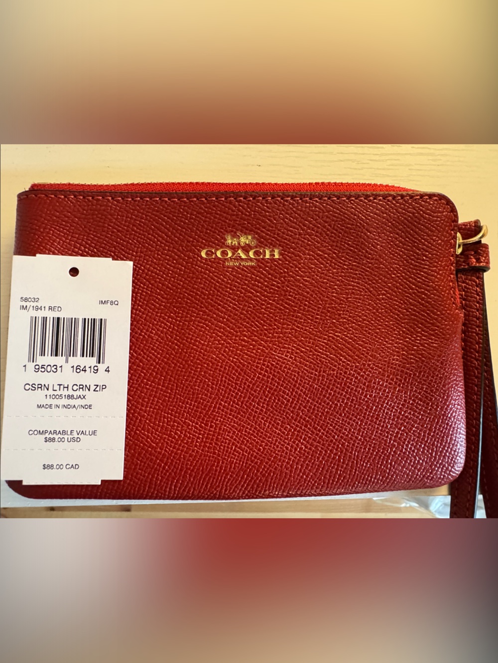 Coach Red Leather Wristlet Zip Pouch with Gold Logo